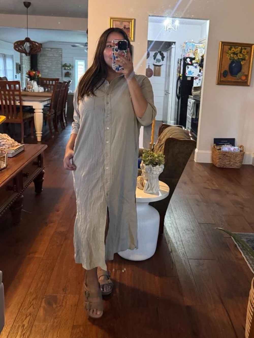 Relaxed Button-Front Maxi Shirt Dress in Light Taupe